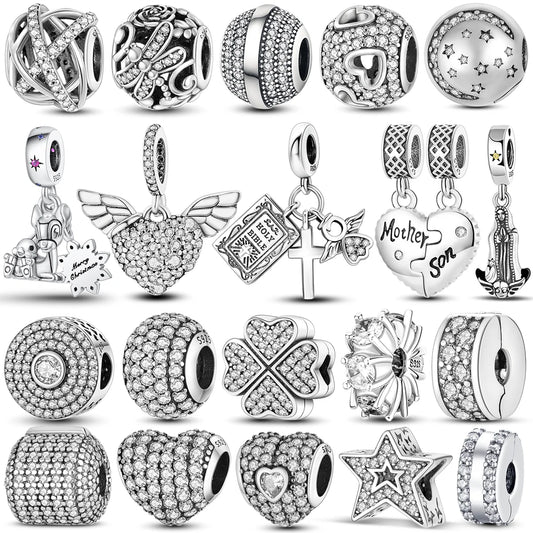 925 Silver Color Star Moon Heart Safety Chain CZ Beads Angle Wing Pendant Fit Bangle Charms Bracelet DIY Women Original Jewelry