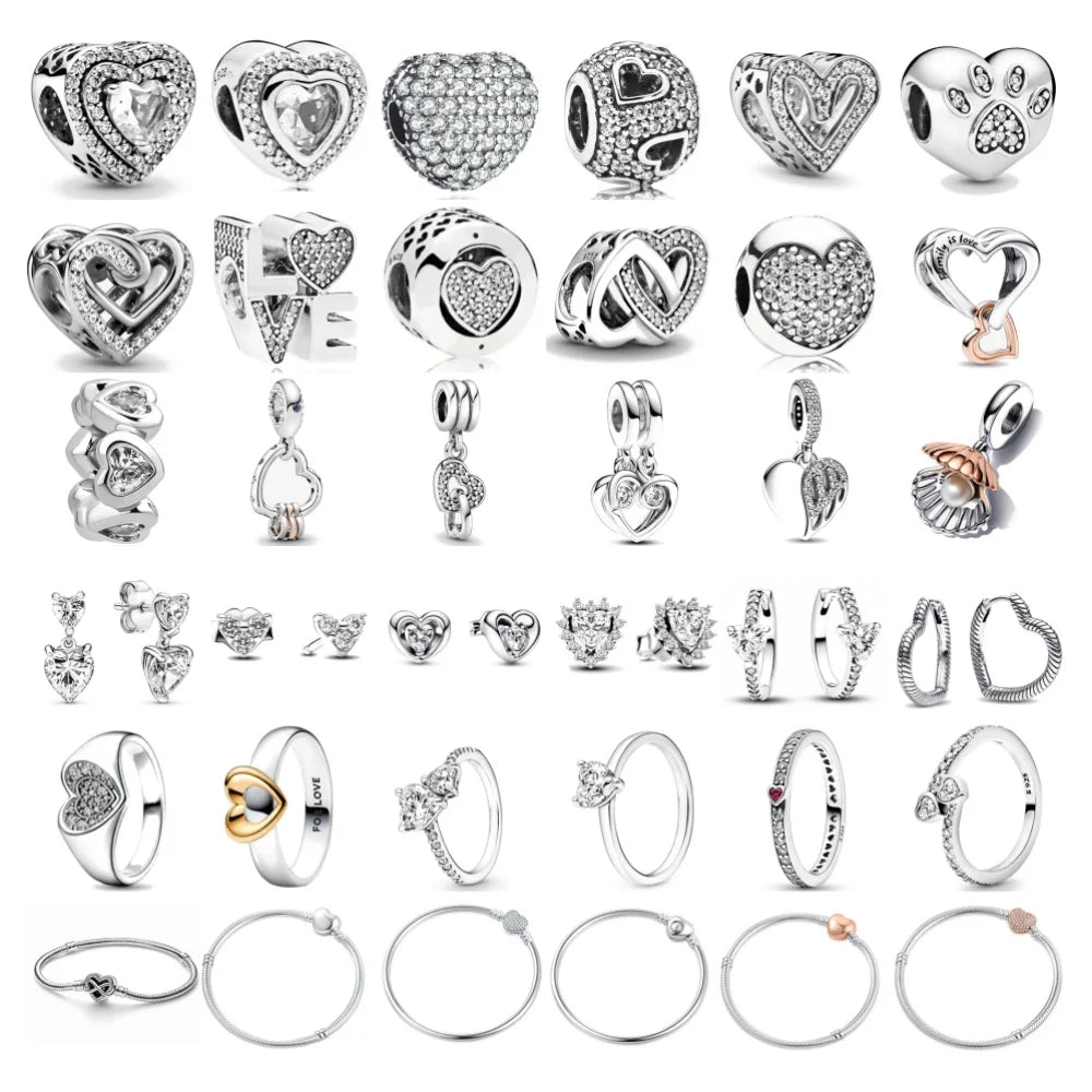 White Series Clear Stone Heart Clip Charm Fit Original 925 Sterling Silver Plated Bracelet Beads DIY Women Jewelry Gift Making