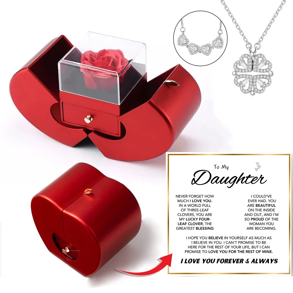 To My Daughter Four Leaf Clover Necklace WithApple Jewelry Box Eternal Rose Flower To Daughter Birthday Party Christmas Gifts